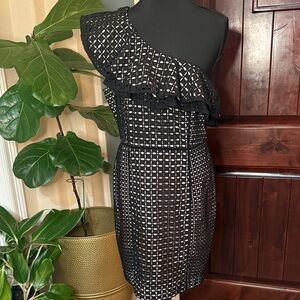 J Crew Collection Black Eyelet Ruffle One Shoulder Dress Women's Size 8